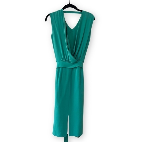 Costello Tagliapietra Blue Green Plunge Back Tie Waist Silk Midi Dress - Picture 8 of 9